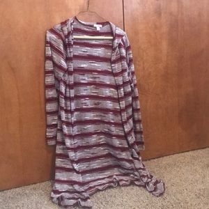 Maroon and Gray Striped Long Hooded Sweater